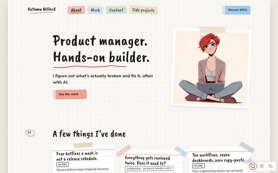 After: the new home page, a sketchbook on graph paper with washi-tape tabs, a short headline, one button and a taped-in portrait.