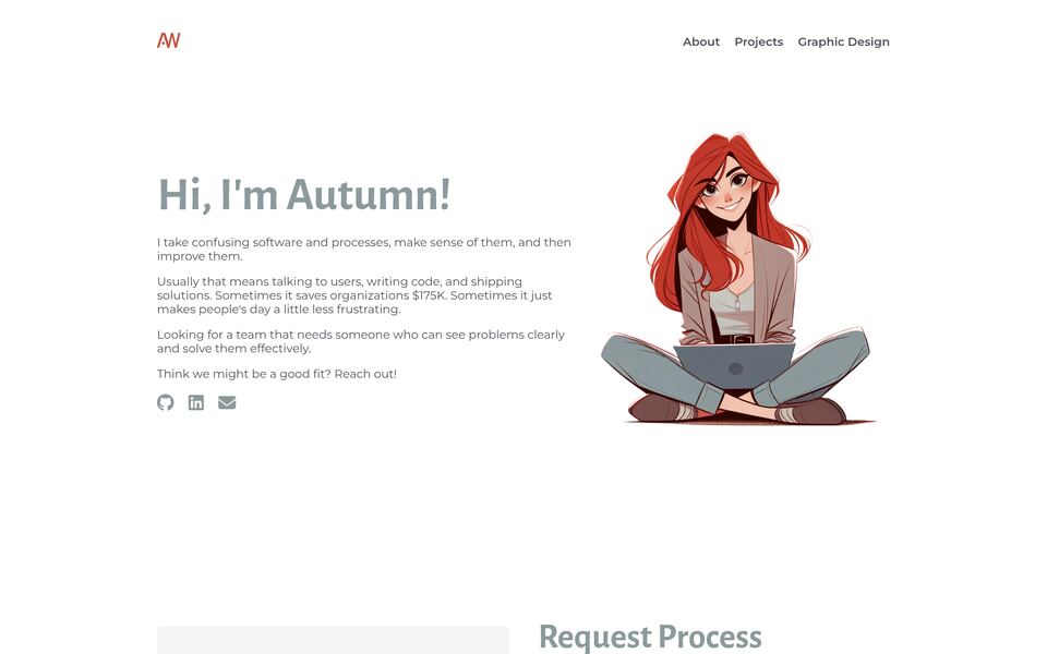 Before: the old home page, a plain white layout with a cartoon portrait and a short intro.